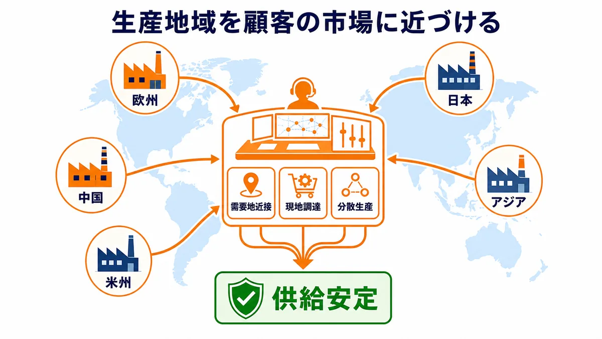 加賀電子が日本・中国・アジア・欧州・米州の生産地域を、需要地近接・現地調達・分散生産の条件で選び供給安定につなげる図解