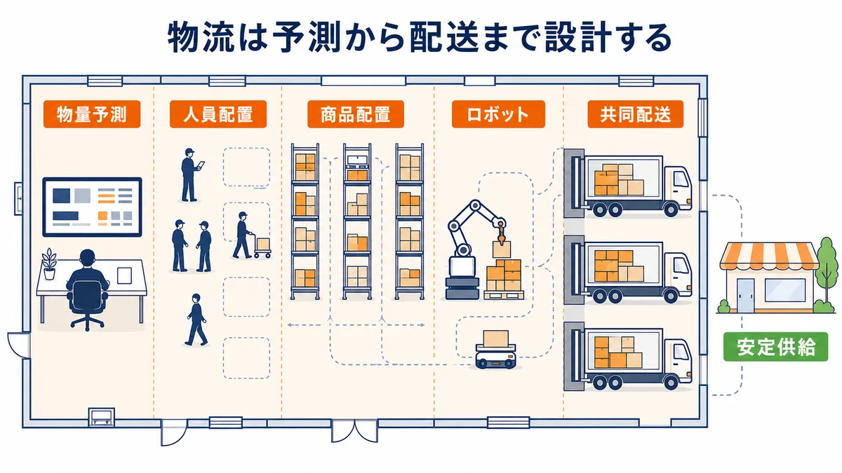 加藤産業の物流が物量予測・人員配置・商品配置・ロボット・共同配送で安定供給を支える図解