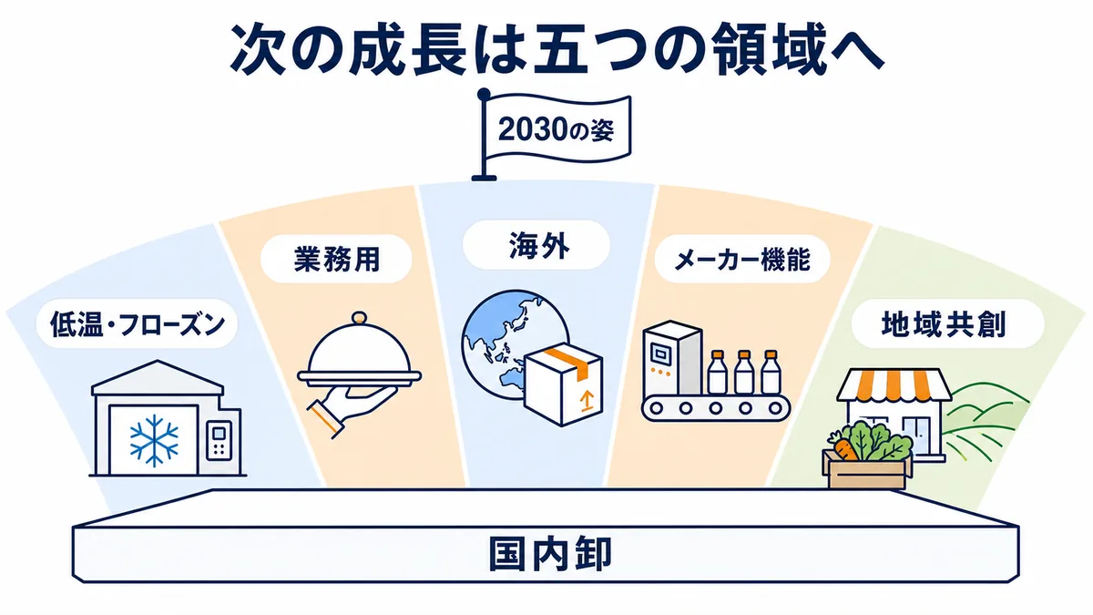 国分グループが国内卸を基盤に低温・フローズン、業務用、海外、メーカー機能、地域共創へ広げる2030年の成長領域図