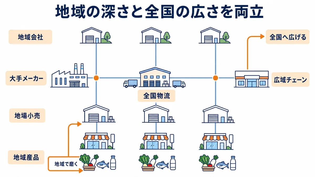 国分グループが地域会社・地場小売・地域産品と全国物流・大手メーカー・広域チェーンをつなぐ構造の図解