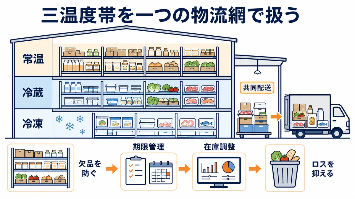 国分グループの常温・冷蔵・冷凍の三温度帯物流と期限管理・在庫調整・共同配送を示す倉庫断面図