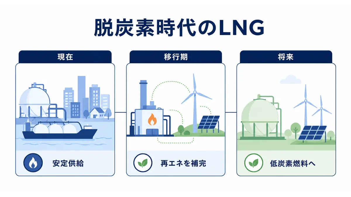 脱炭素時代のLNGの役割を安定供給・再エネ補完・低炭素燃料への移行で示した図解
