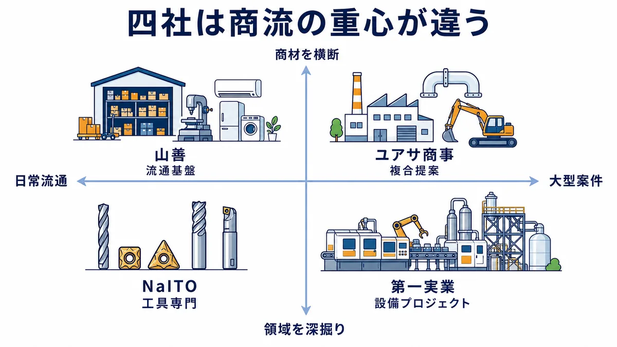 山善・ユアサ商事・NaITO・第一実業を日常流通と大型案件、専門領域と商材横断の二軸で比較した機械商社図解