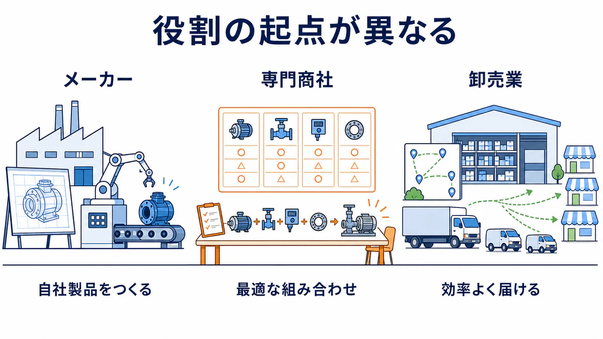 メーカー・専門商社・卸売業の役割を製造・最適提案・効率配送の起点で比較した図解