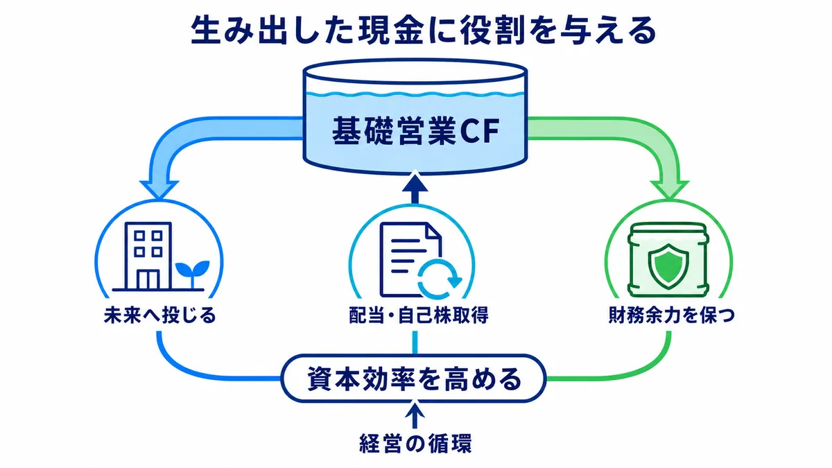 基礎営業キャッシュ・フローを将来への投資、配当と自己株取得、財務余力へ配り、資本効率を高める経営の循環を示す図