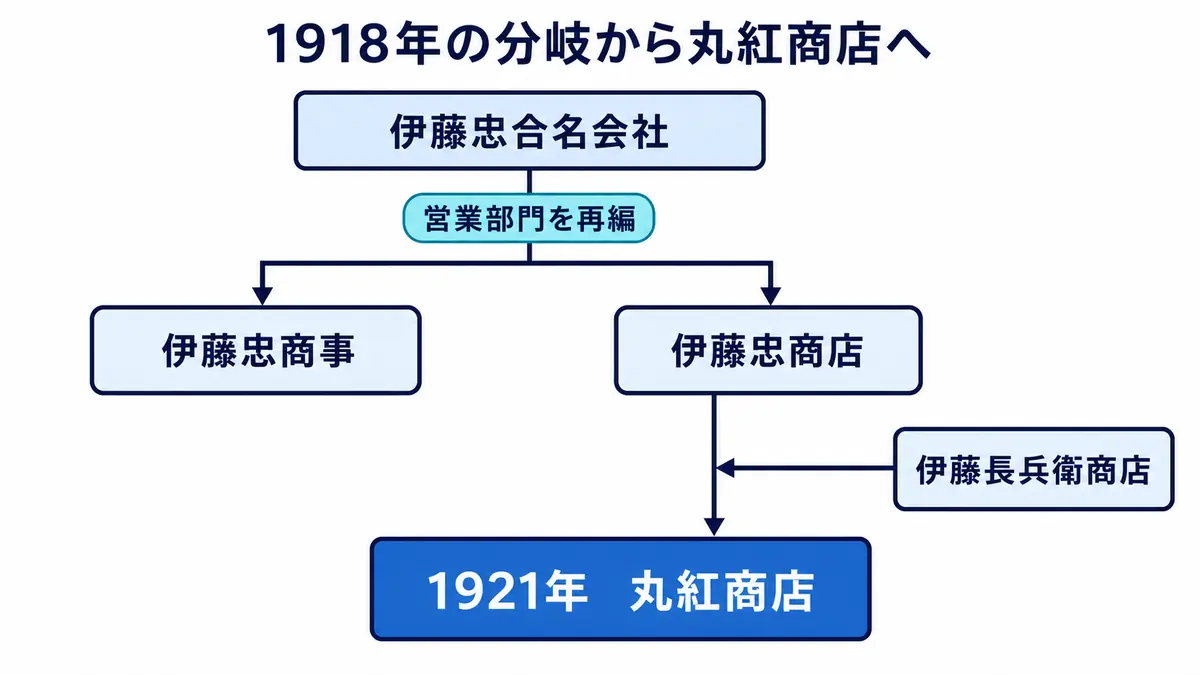 伊藤忠合名会社の営業部門が分岐し、伊藤忠商店と伊藤長兵衛商店の合併から丸紅商店が生まれる系譜