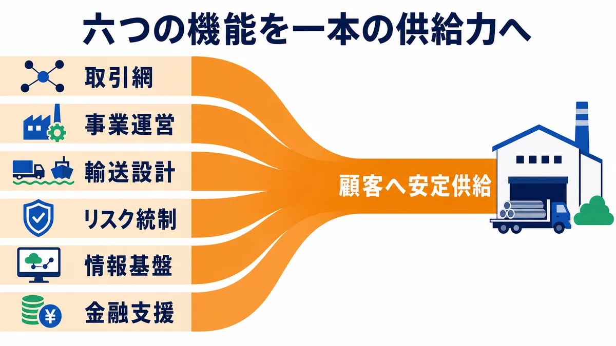 伊藤忠丸紅鉄鋼の取引網・事業運営・輸送設計・リスク統制・情報基盤・金融支援が安定供給へつながる図解