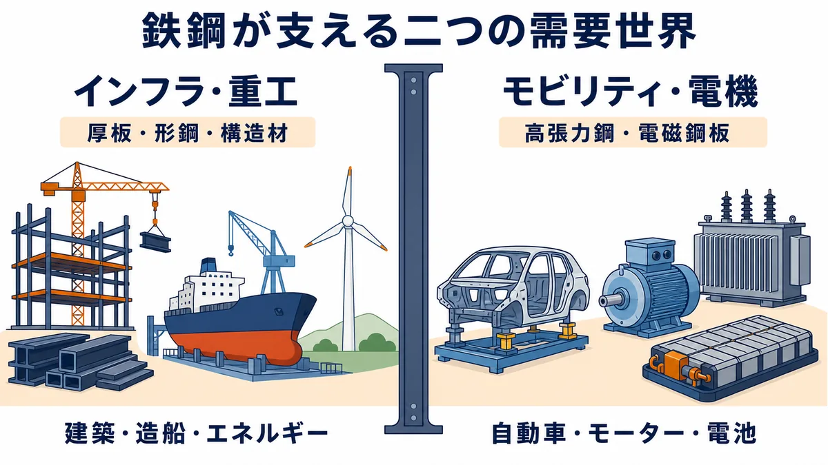伊藤忠丸紅鉄鋼の厚板・形鋼・構造材が支えるインフラ重工と高張力鋼・電磁鋼板が支えるモビリティ電機の比較図