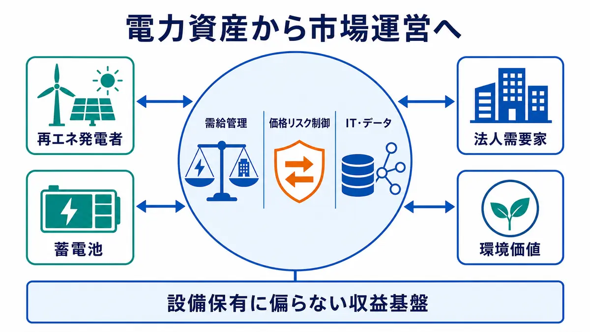 再エネ発電者と蓄電池を需給管理、価格リスク制御、IT・データで束ね、法人需要家と環境価値へ接続する電力市場運営モデル
