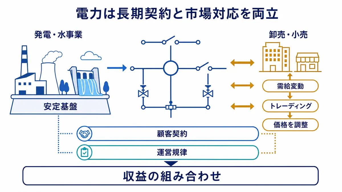 発電・水事業の安定基盤と、卸売・小売やトレーディングの需給変動を、顧客契約と運営規律で組み合わせる電力事業の構造を示す図