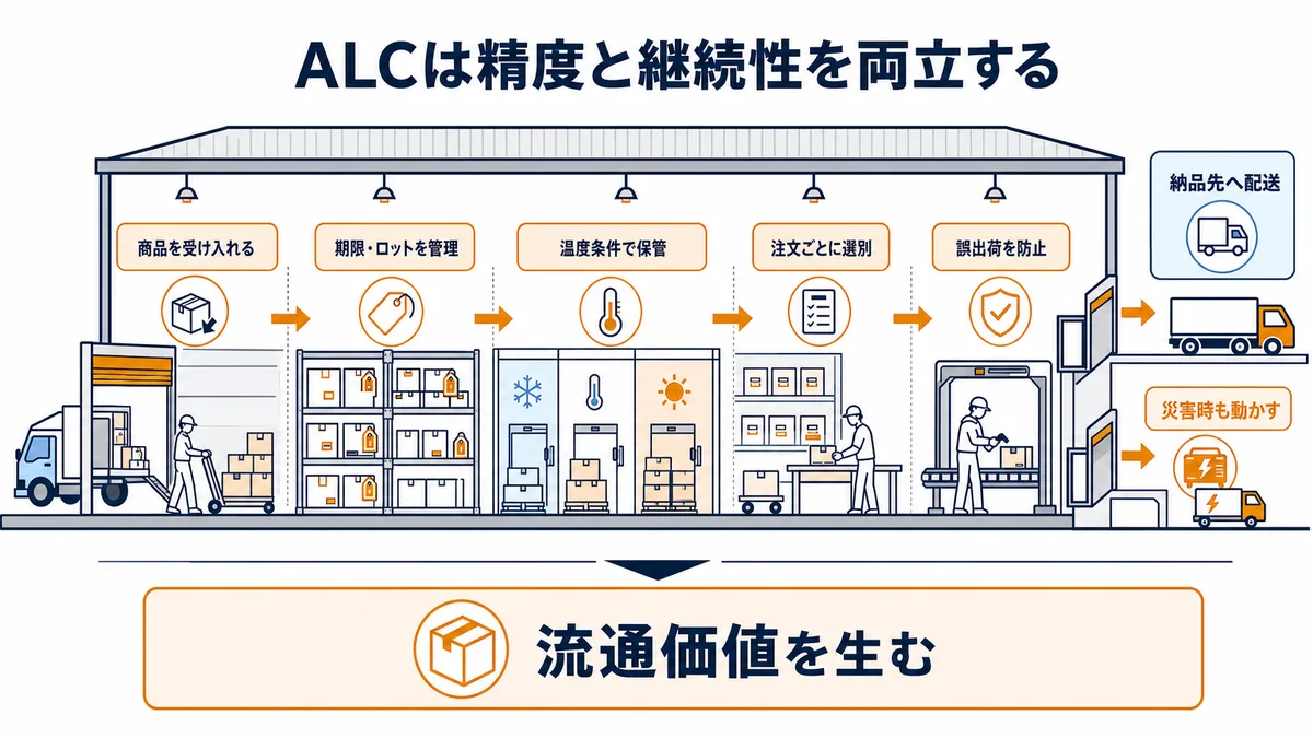 ALCで医薬品を受け入れ、期限・ロット・温度を管理し、注文別の選別と誤出荷防止を経て通常時も災害時も配送する物流センター工程図