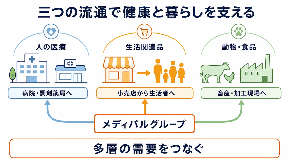 メディパルグループを基盤に、人の医療、生活関連品、動物・食品の三つの流通経路が異なる需要先へ広がる事業領域図