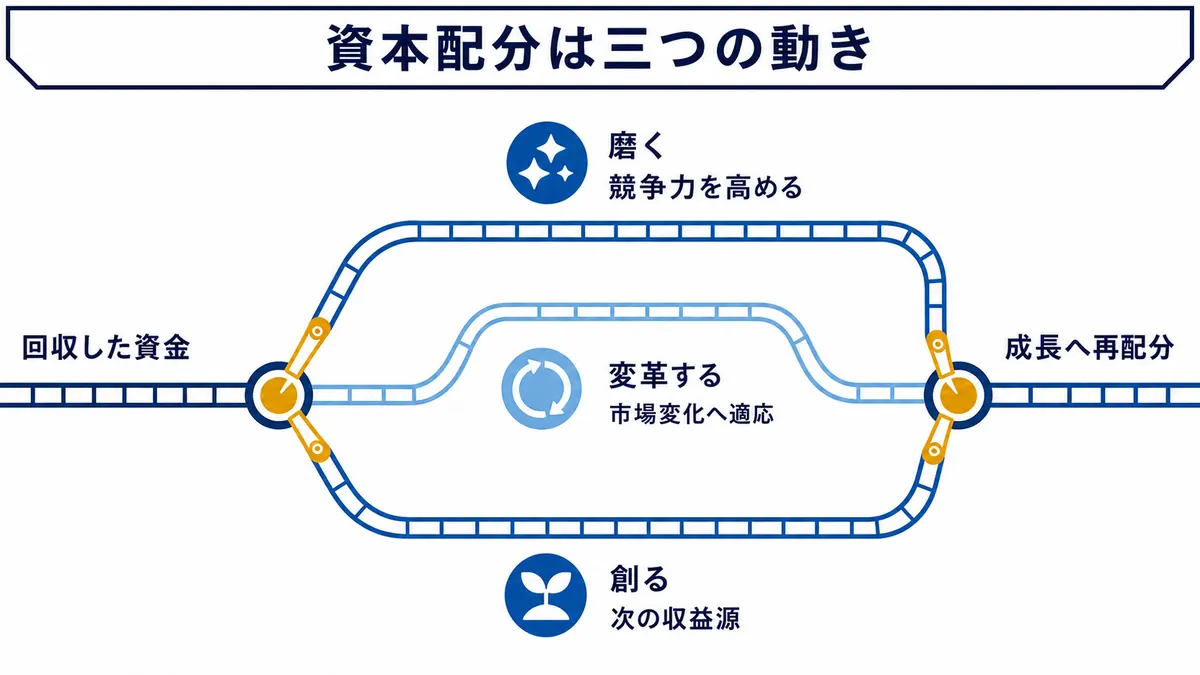 回収した資金を、既存事業を磨く、市場変化に合わせて変革する、次の収益源を創るという三つの経路へ配分し、成長へ戻す流れを示す図