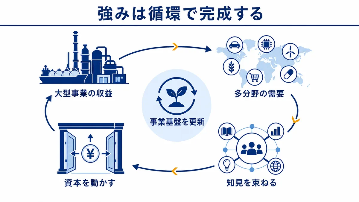 大型事業の収益、多分野の需要、知見を束ねる力、資本を動かす力が循環し、三菱商事の事業基盤を更新する構造を示す図