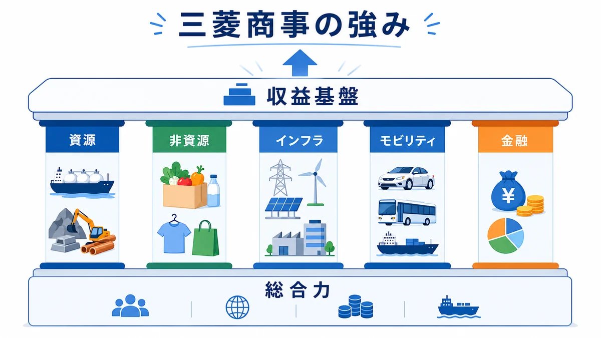 三菱商事の強みである事業ポートフォリオと収益基盤を資源、非資源、インフラ、モビリティ、金融の柱で示した図解