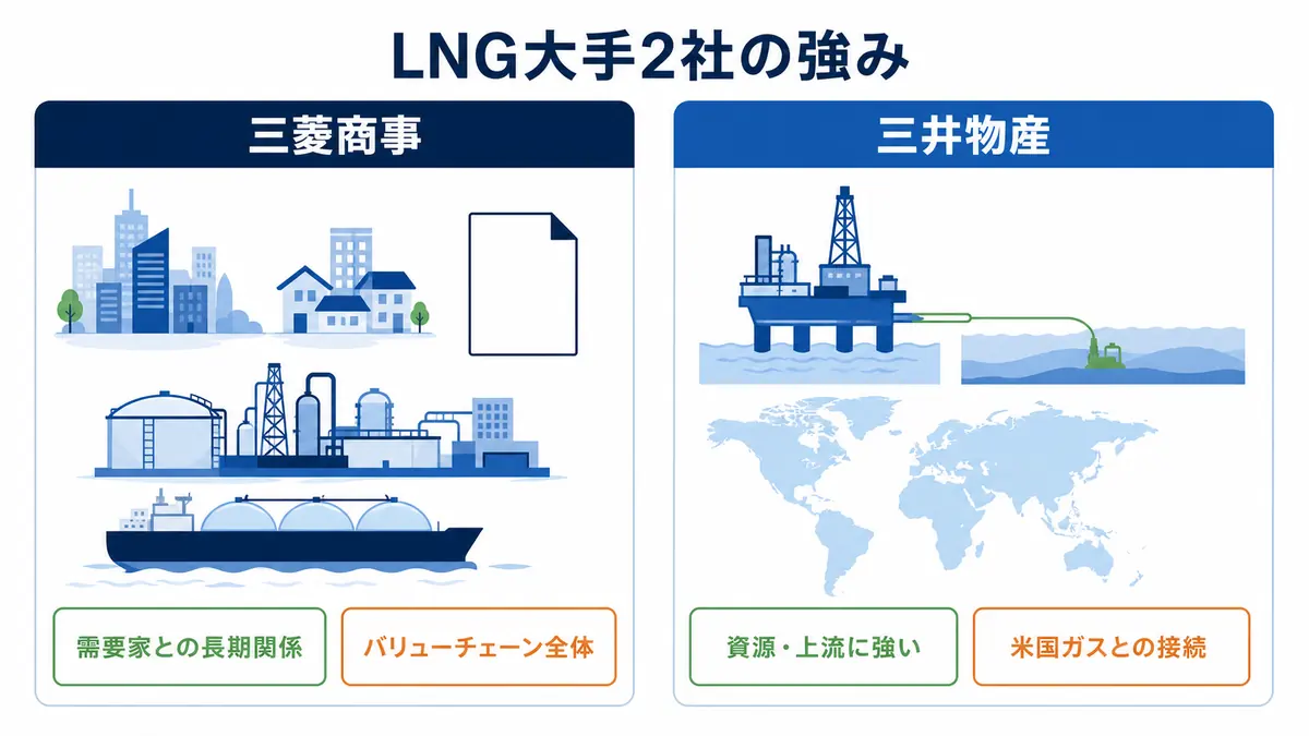 三菱商事の需要家との長期関係と三井物産の資源・上流の強みを比較したLNG事業の図解