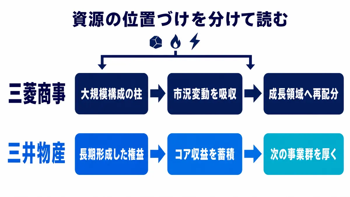 三菱商事が資源を全社ポートフォリオの柱として再配分し、三井物産が長期形成した権益から次の事業群を厚くする流れ