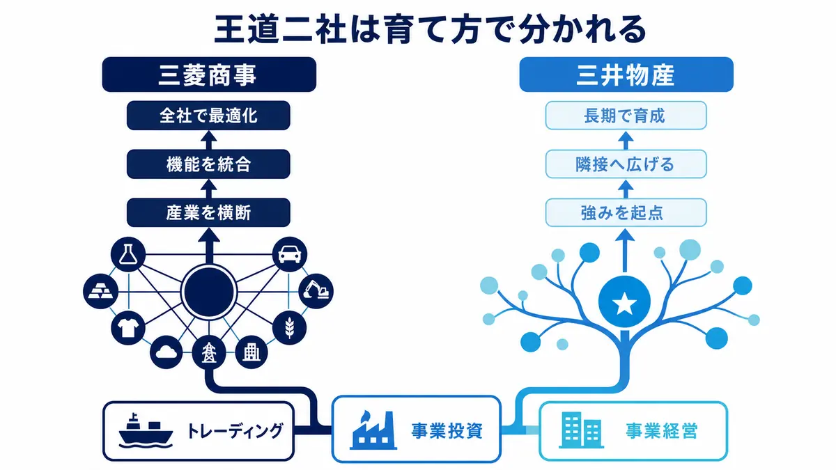 トレーディング、事業投資、事業経営の共通基盤から、三菱商事の全社最適と三井物産の長期育成へ分かれる構造