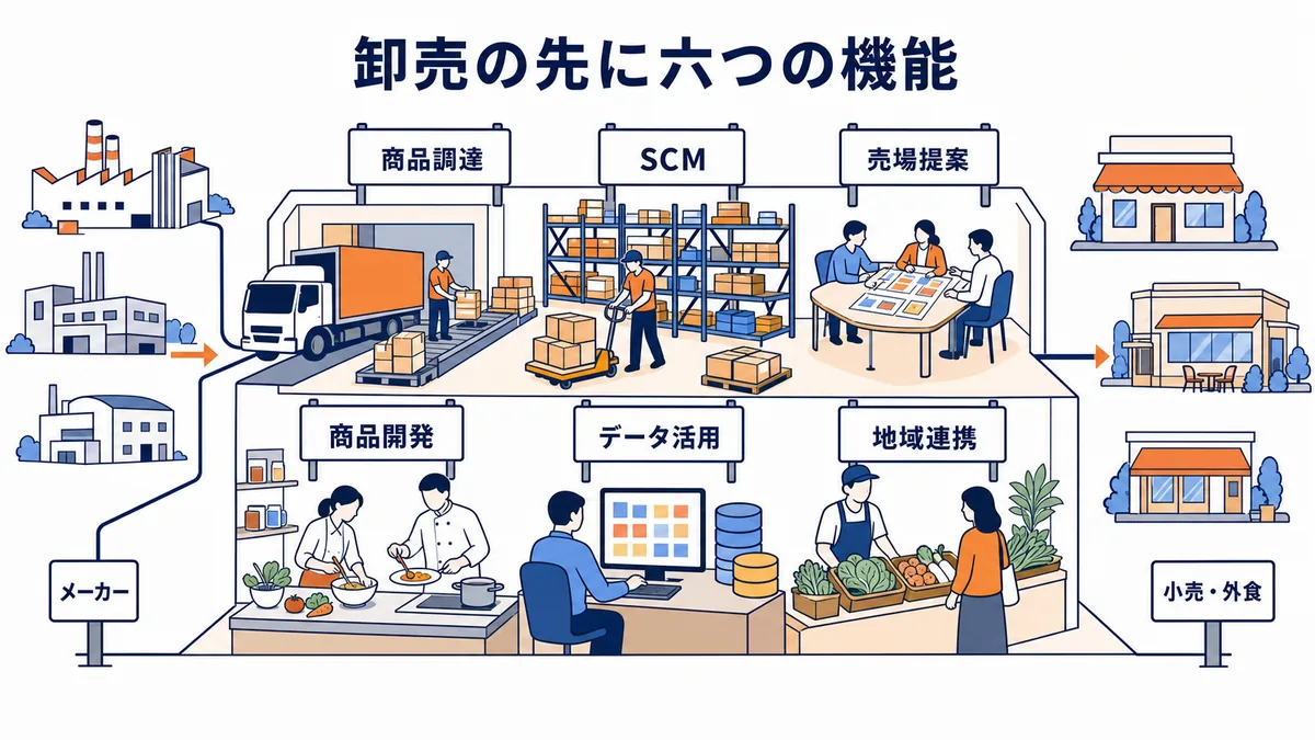 三菱食品がメーカーと小売・外食の間で商品調達・SCM・売場提案・商品開発・データ活用・地域連携を担う図解