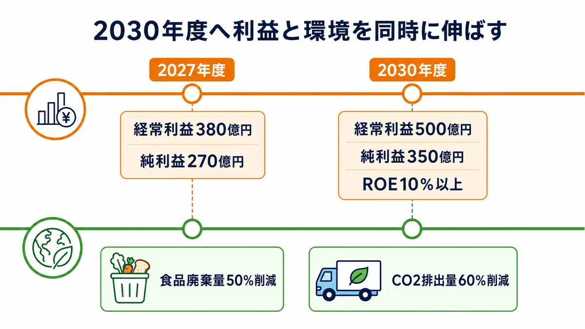 三菱食品のMS Vision 2030で利益目標と食品廃棄量・CO2削減目標を示した図解