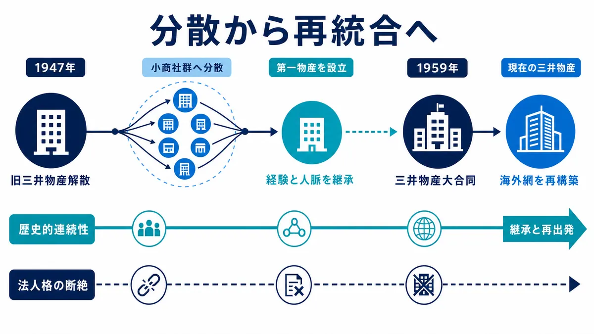 1947年の旧三井物産解散から小商社群への分散、第一物産、1959年の大合同を経て現在の三井物産へ再統合する流れを示す図