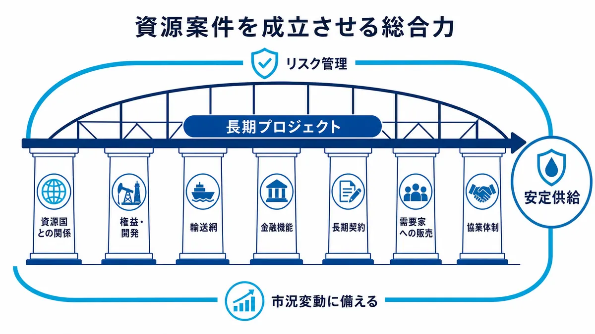 資源国との関係、開発、輸送、金融、長期契約、販売、協業を組み合わせ、リスク管理のもと長期プロジェクトと安定供給を支える図