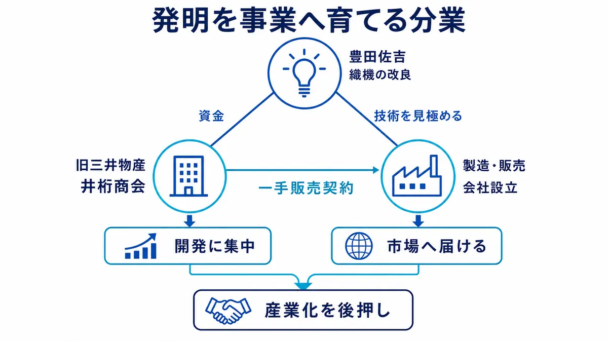 豊田佐吉、旧三井物産、井桁商会が、技術改良、資金と契約、製造販売を分担して発明を産業化する構造を示す図