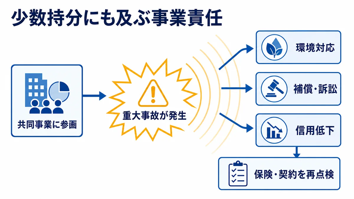共同事業に少数持分で参画していても、重大事故が環境対応、補償・訴訟、信用低下へ波及し、保険と契約の再点検が必要になる責任構造図
