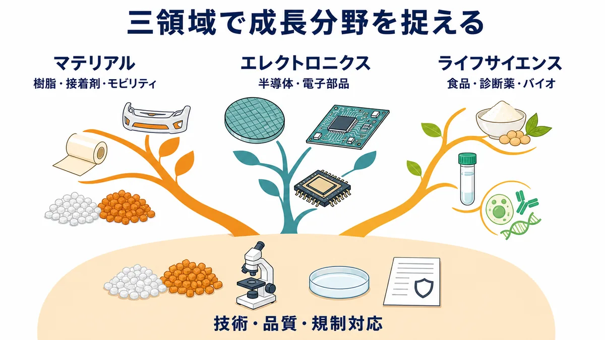 長瀬産業のマテリアル・エレクトロニクス・ライフサイエンスの3事業領域と商材を整理した図解