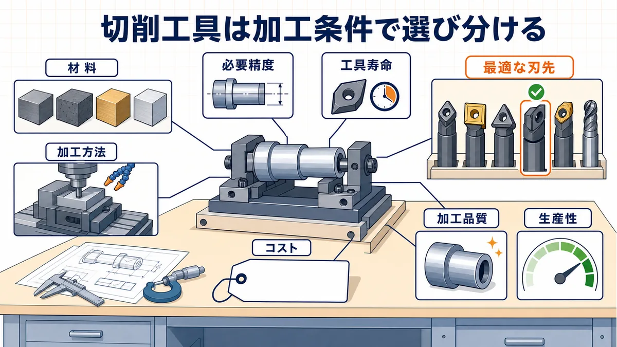NaITOの切削工具選定で材料・加工方法・必要精度・工具寿命・コストを検討する図解