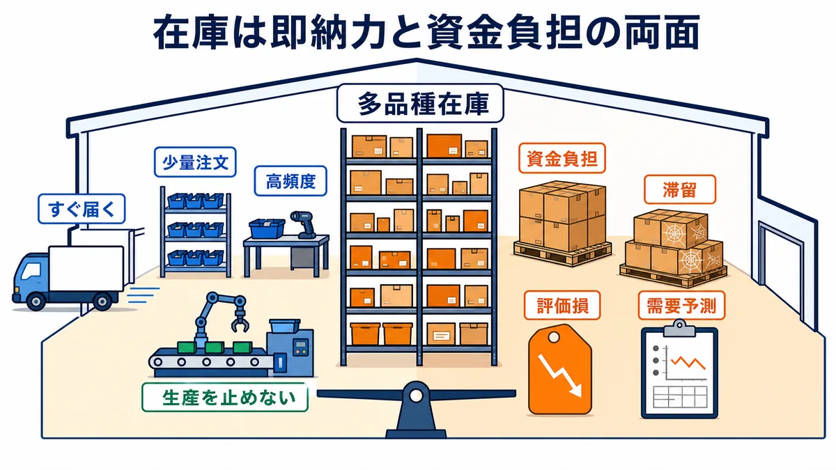 NaITOの多品種在庫が少量・高頻度注文への即納力と資金負担・滞留・評価損の両面を持つ図解