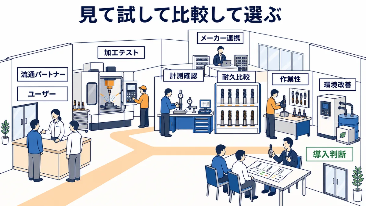 NaITOテクニカルセンターで加工テスト・計測・耐久比較・作業性・環境改善を確認する図解