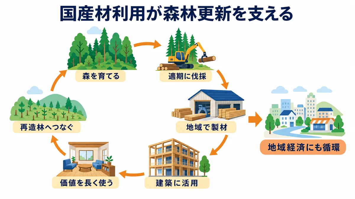 森林育成、適期伐採、地域製材、建築利用、長期利用、再造林を通じて国産材利用が森林と地域経済を循環させる図解