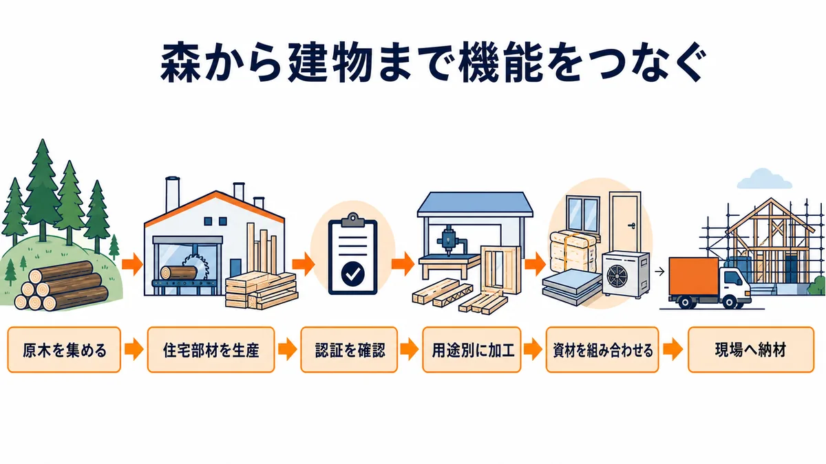 森林から原木、住宅部材、認証確認、用途別加工、建材・住宅設備の集約を経て建築現場へ納材するナイスの建築資材サプライチェーン図