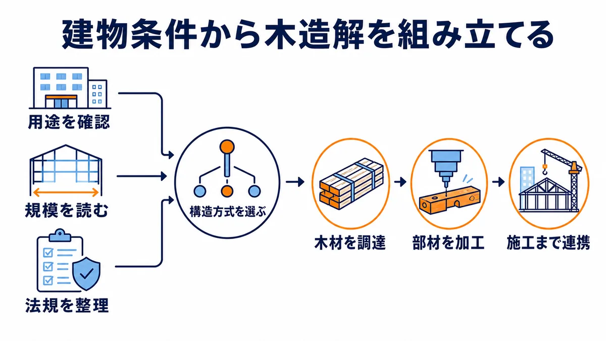 非住宅建築の用途、規模、法規を確認して構造方式を選び、木材調達、部材加工、施工まで連携する木造建設の意思決定図
