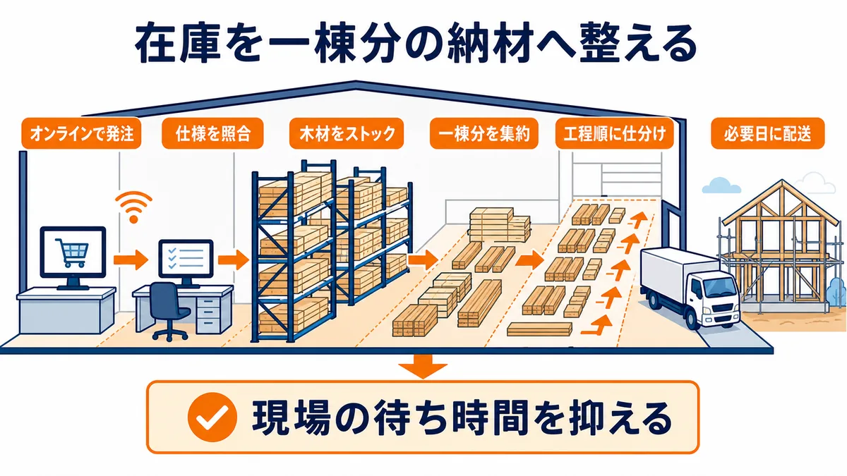 オンライン発注の仕様を照合し、ストックヤードの木材を一棟分に集約して工程順に仕分け、必要日に建築現場へ配送する仕組み図