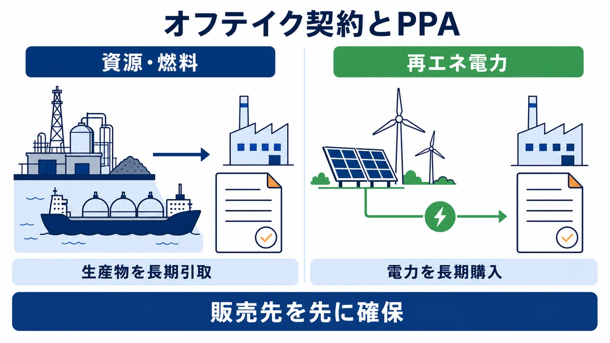 資源・燃料のオフテイク契約と再エネ電力のPPAを販売先を先に確保する点で比較した図解