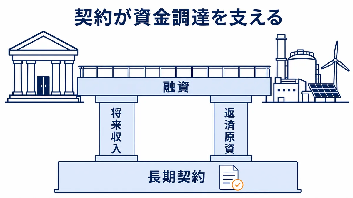 長期オフテイク契約が将来収入と返済原資を支え金融機関の融資につながる仕組みを橋で示した図解