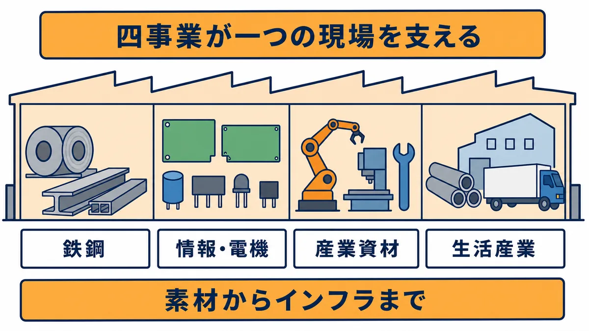 岡谷鋼機の鉄鋼・情報電機・産業資材・生活産業の四事業がものづくり現場を支える図解