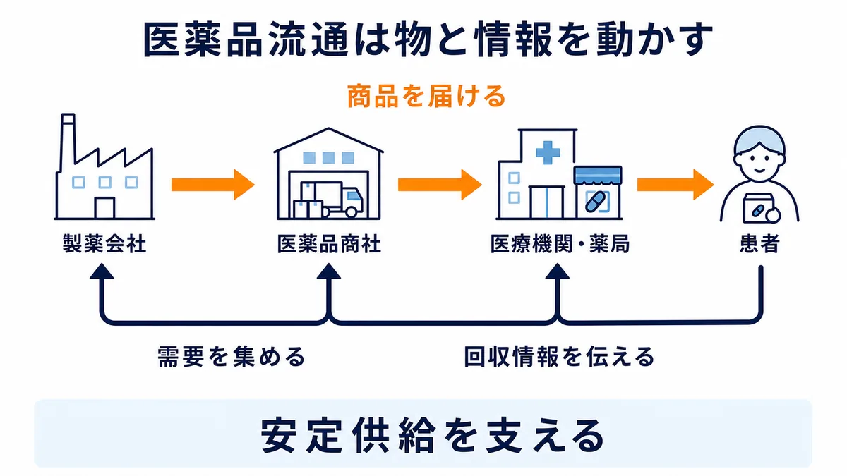 製薬会社から医薬品商社、医療機関・薬局、患者へ商品を届ける流れと、需要・回収情報を伝える流れを組み合わせた医薬品流通図