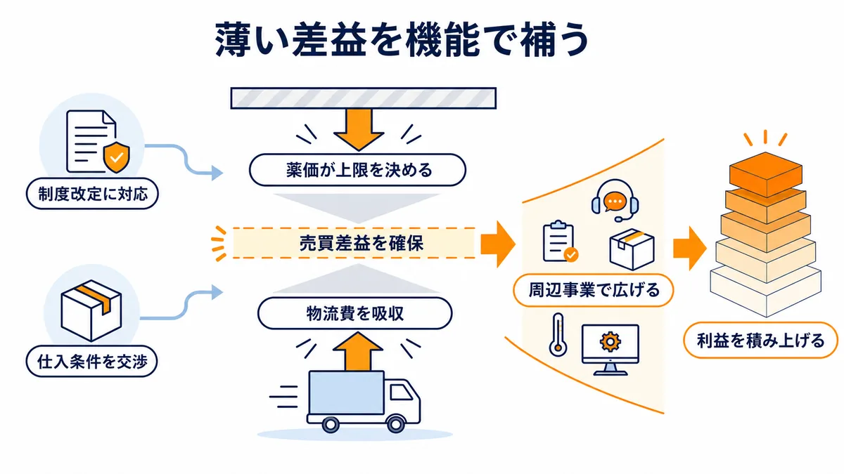 薬価による販売価格の上限と物流費などのコスト圧力の間で売買差益を確保し、周辺事業の付加価値で利益を補う収益構造図
