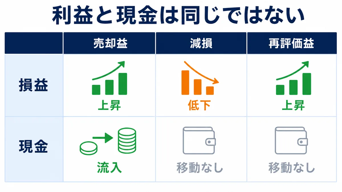 総合商社の売却益・減損・再評価益が損益と現金に与える違いを比較した図解