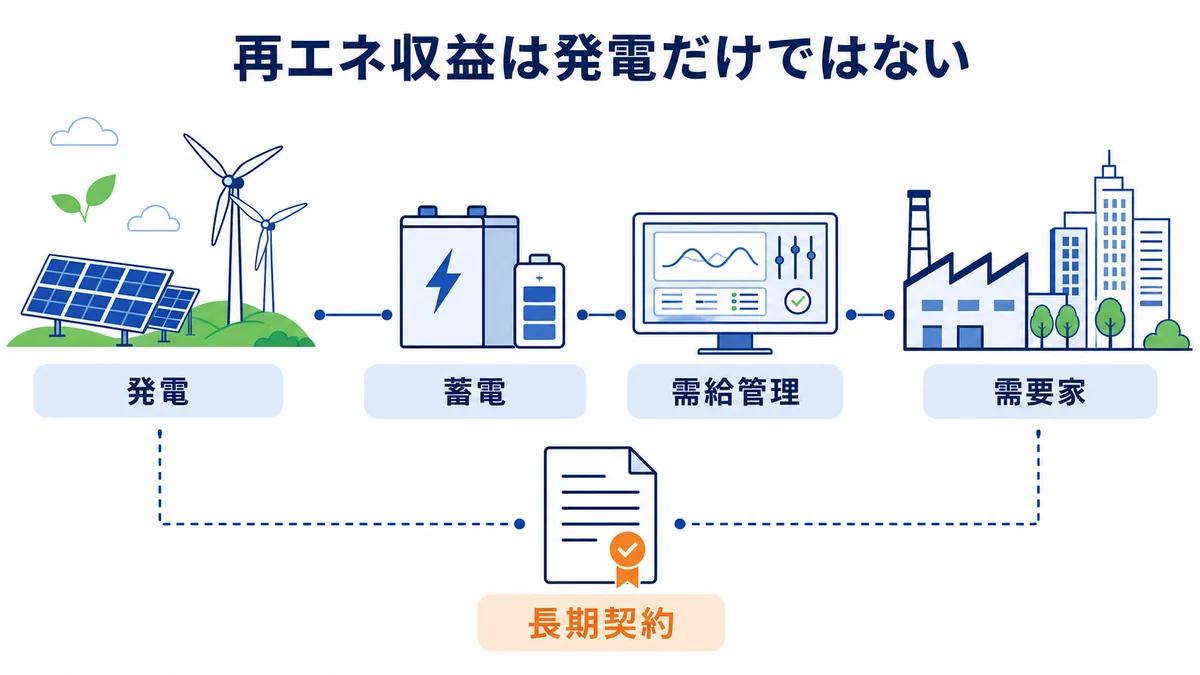 総合商社の再エネ収益を発電・蓄電・需給管理・需要家・長期契約の関係で示した図解