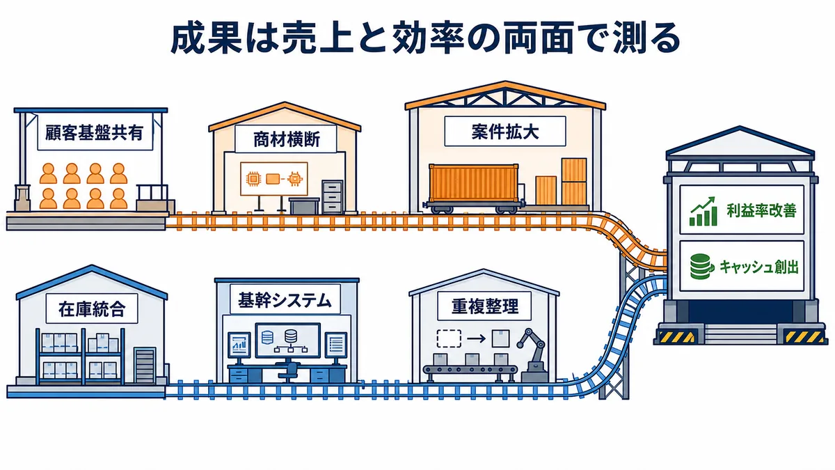 リョーサン菱洋の統合成果を、顧客基盤共有・商材横断による案件拡大と、在庫統合・基幹システム・重複整理による利益率改善・キャッシュ創出で測る図解