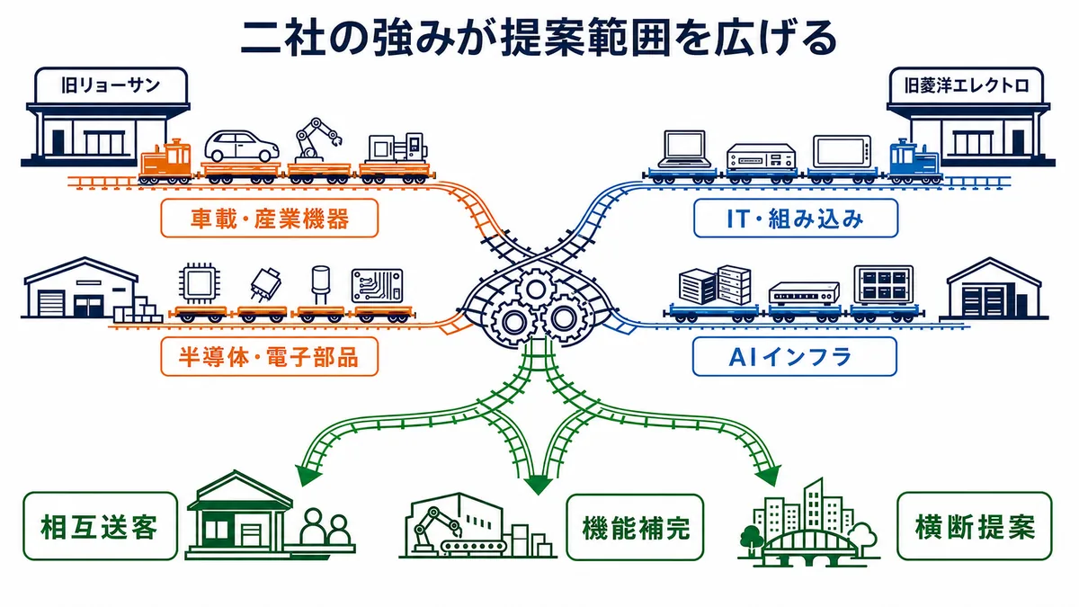 旧リョーサンの車載・産業機器と半導体・電子部品、旧菱洋エレクトロのIT・組み込みとAIインフラが交差し、横断提案・相互送客・機能補完へつながる図解