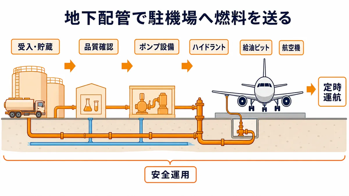 航空燃料を受入・貯蔵し、品質確認とポンプ設備を経て地下ハイドラントから給油ピットと航空機へ送る図解