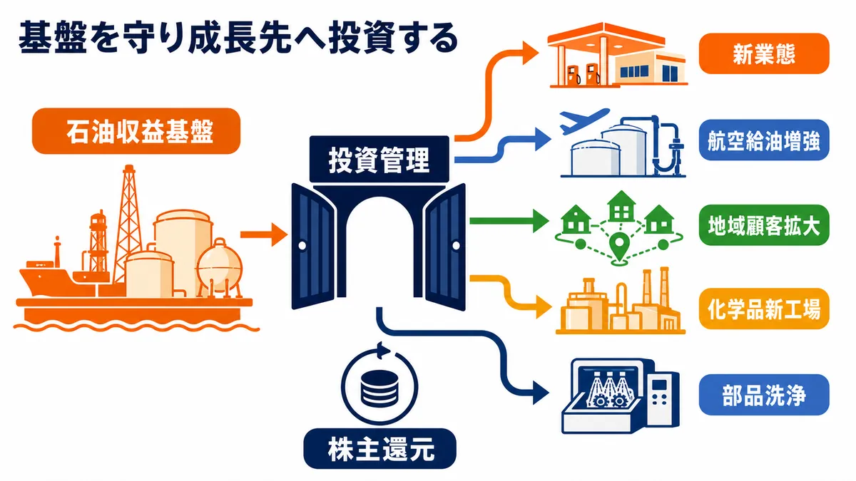 石油収益基盤から投資管理を通じて、新業態、航空給油増強、地域顧客拡大、化学品新工場、部品洗浄と株主還元へ配分する図解
