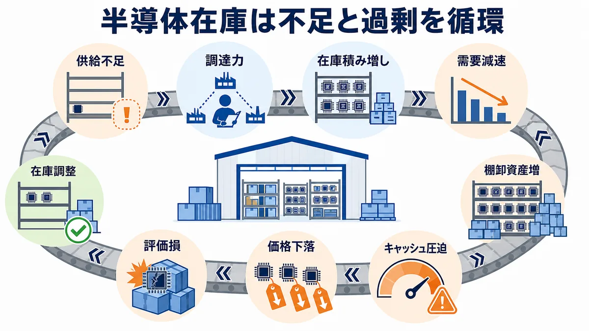 半導体商社の在庫が供給不足から積み増し、需要減速、評価損、在庫調整へ循環する図解