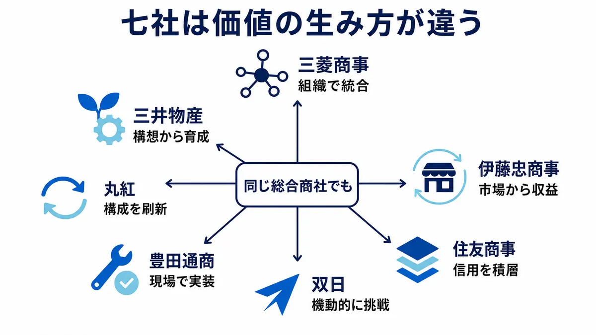 三菱商事、三井物産、伊藤忠商事、住友商事、丸紅、豊田通商、双日の価値の生み方を整理した比較