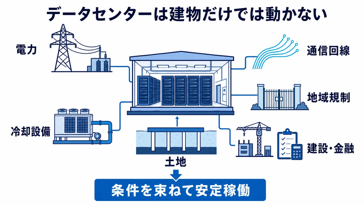 データセンターへ土地、電力、冷却設備、通信回線、建設・金融、地域規制の条件を接続して安定稼働させる複合事業の構造図